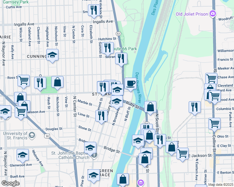 map of restaurants, bars, coffee shops, grocery stores, and more near 208 Granite Street in Joliet