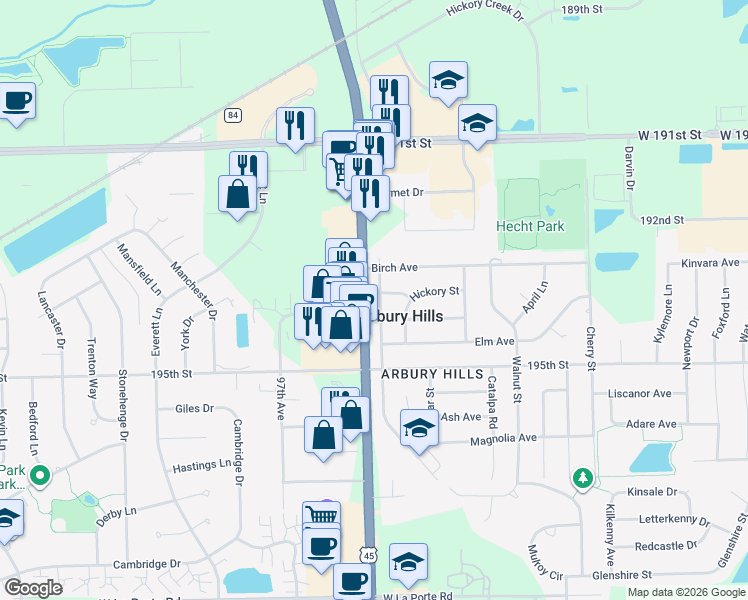 map of restaurants, bars, coffee shops, grocery stores, and more near 19340 South La Grange Road in Mokena