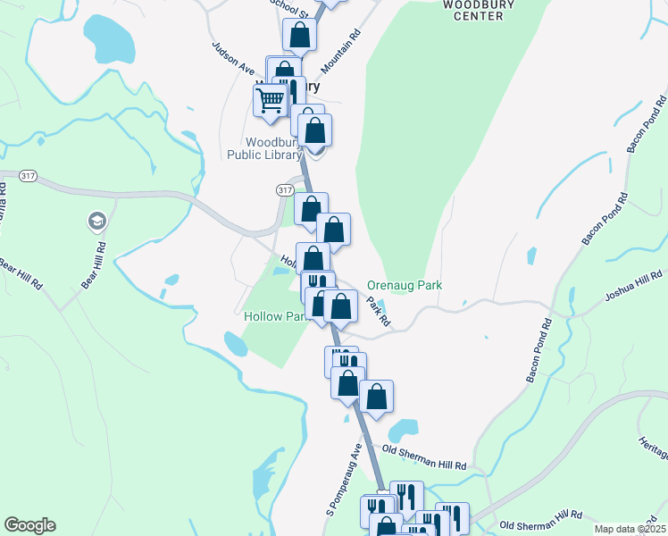 map of restaurants, bars, coffee shops, grocery stores, and more near 345 Main Street in Woodbury