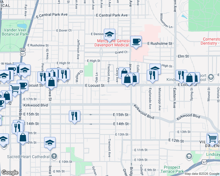 map of restaurants, bars, coffee shops, grocery stores, and more near 1011 East Locust Street in Davenport