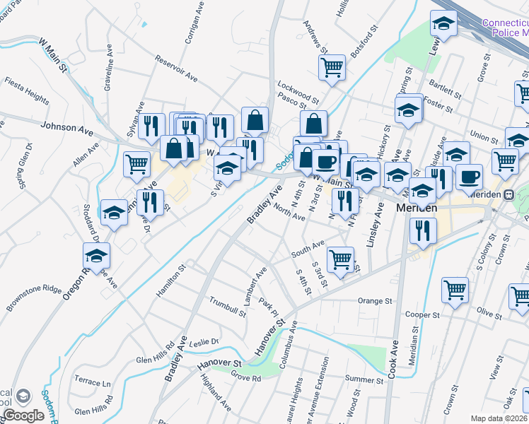 map of restaurants, bars, coffee shops, grocery stores, and more near 72 Bradley Avenue in Meriden