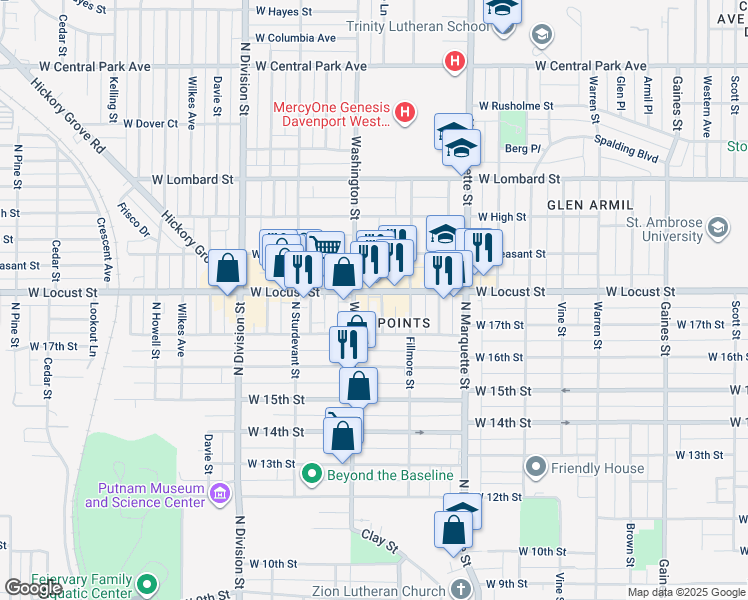 map of restaurants, bars, coffee shops, grocery stores, and more near 1435 Locust Street in Davenport