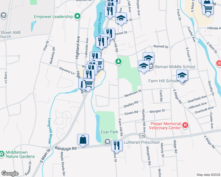 map of restaurants, bars, coffee shops, grocery stores, and more near 70 Bielefield Road in Middletown