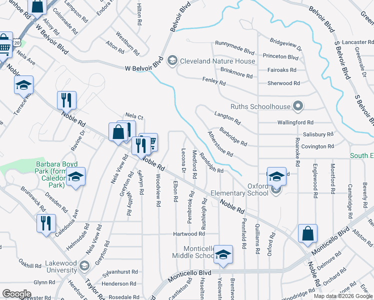 map of restaurants, bars, coffee shops, grocery stores, and more near 840 Medford Road in Cleveland Heights