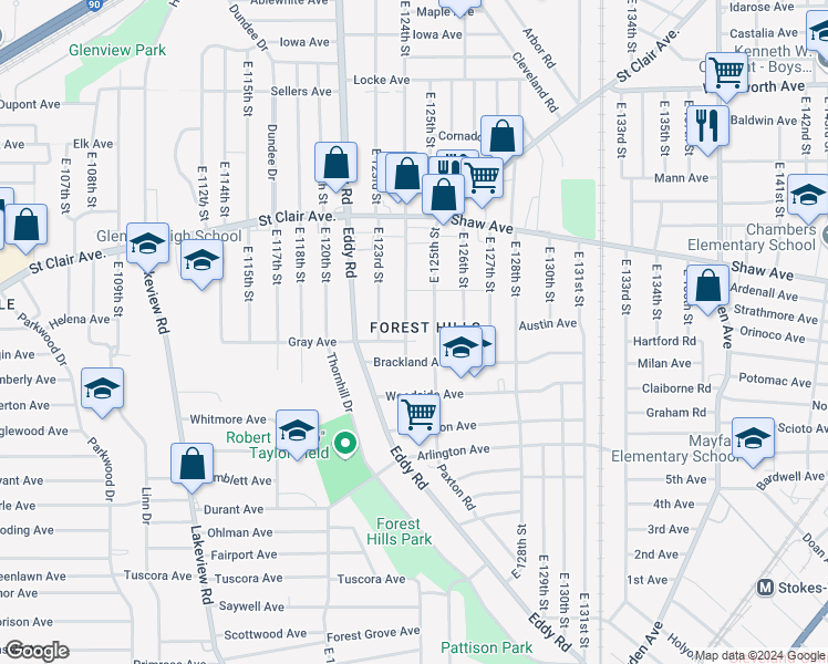 map of restaurants, bars, coffee shops, grocery stores, and more near 703 East 124th Street in Cleveland
