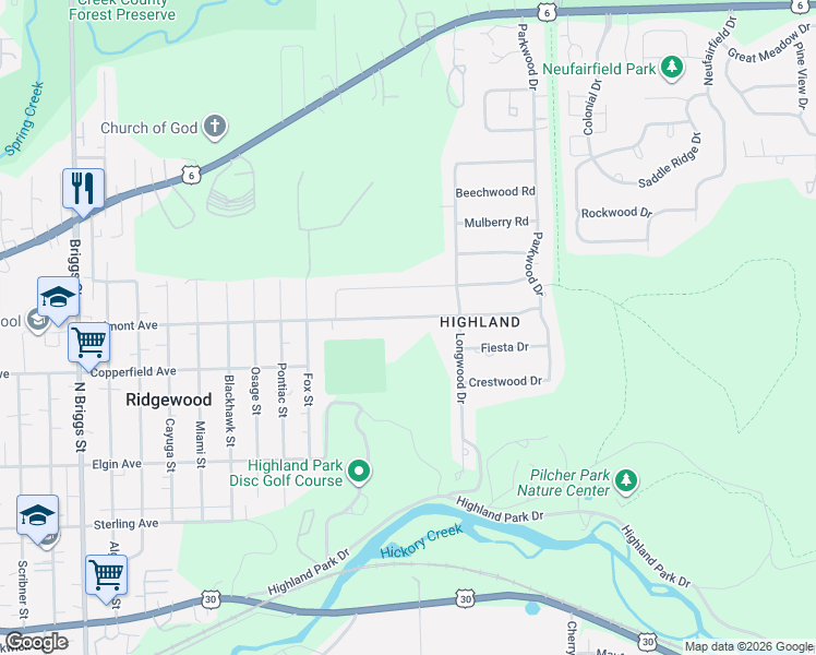 map of restaurants, bars, coffee shops, grocery stores, and more near 2110 Belmont Avenue in Joliet