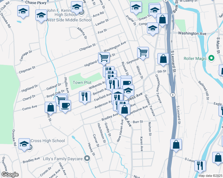 map of restaurants, bars, coffee shops, grocery stores, and more near 728 Highland Avenue in Waterbury
