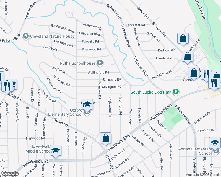 map of restaurants, bars, coffee shops, grocery stores, and more near 3862 Covington Road in South Euclid