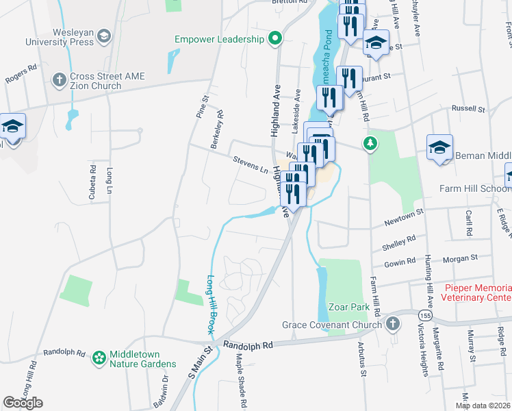 map of restaurants, bars, coffee shops, grocery stores, and more near 125 Dora Drive in Middletown