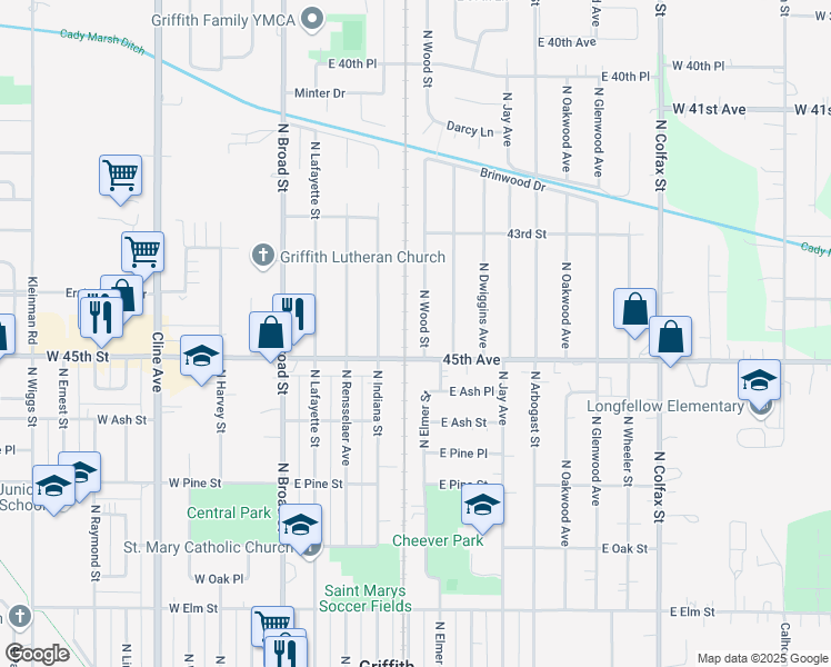 map of restaurants, bars, coffee shops, grocery stores, and more near 920 North Wood Street in Griffith