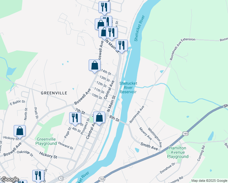 map of restaurants, bars, coffee shops, grocery stores, and more near 600 North Main Street in Norwich