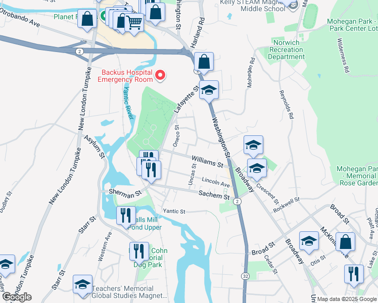 map of restaurants, bars, coffee shops, grocery stores, and more near 1 Linden Parkway in Norwich