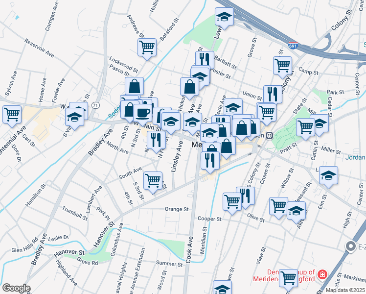 map of restaurants, bars, coffee shops, grocery stores, and more near 19 Randolph Avenue in Meriden