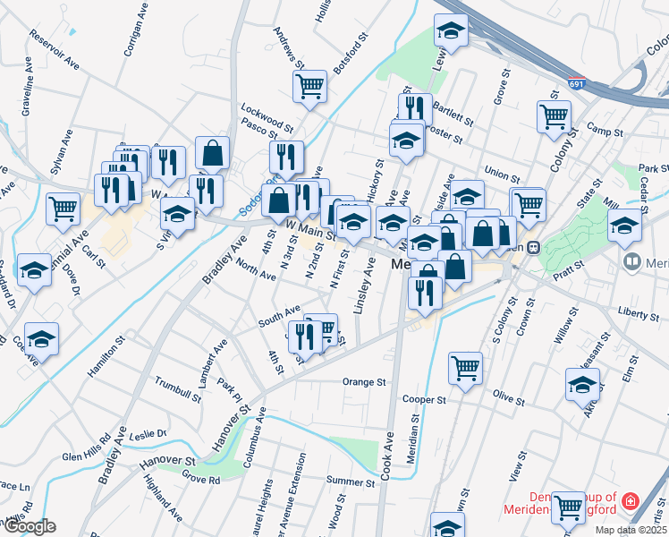 map of restaurants, bars, coffee shops, grocery stores, and more near 46 North 2nd Street in Meriden