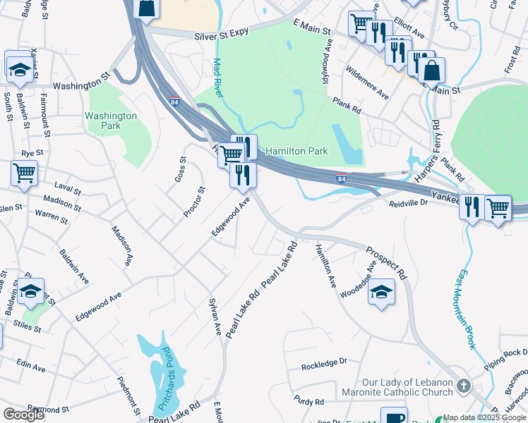 map of restaurants, bars, coffee shops, grocery stores, and more near 921 Hamilton Avenue in Waterbury