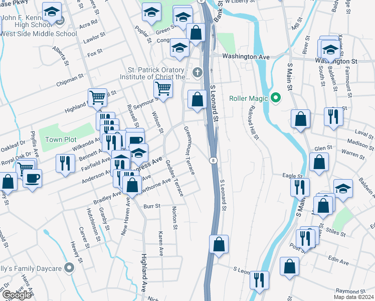 map of restaurants, bars, coffee shops, grocery stores, and more near 503 Congress Avenue in Waterbury