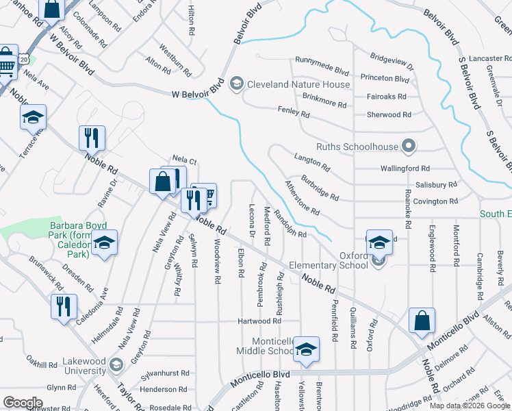 map of restaurants, bars, coffee shops, grocery stores, and more near 840 Medford Road in Cleveland Heights
