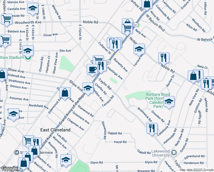 map of restaurants, bars, coffee shops, grocery stores, and more near 1846 North Taylor Road in Cleveland