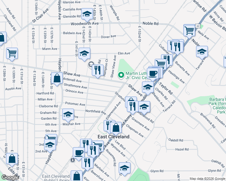 map of restaurants, bars, coffee shops, grocery stores, and more near 14717 Strathmore Avenue in East Cleveland