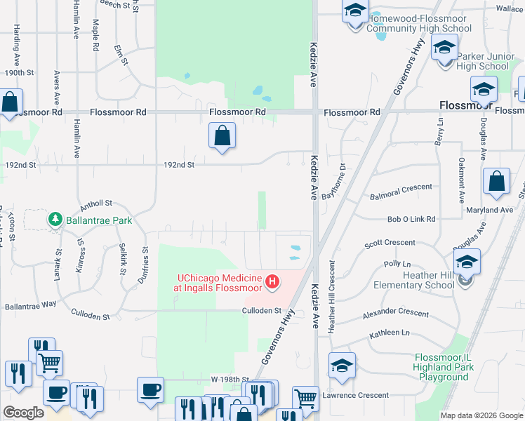 map of restaurants, bars, coffee shops, grocery stores, and more near 3340 194th Street in Homewood