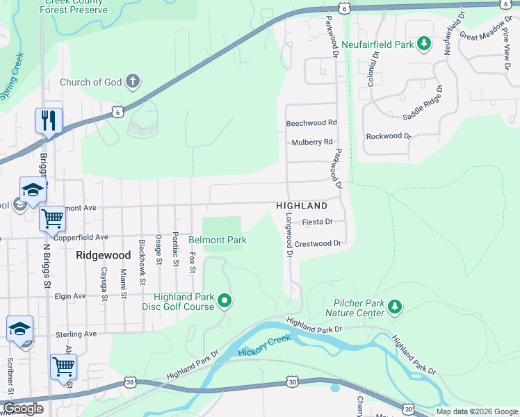 map of restaurants, bars, coffee shops, grocery stores, and more near 2110 Belmont Avenue in Joliet