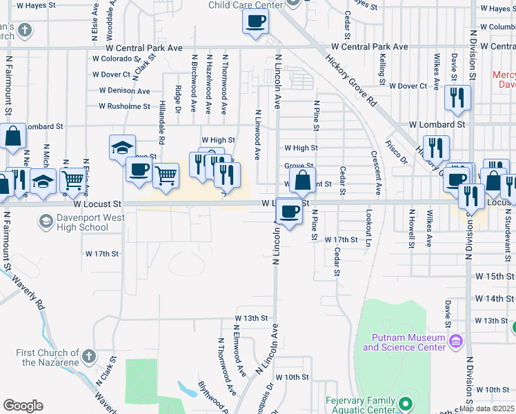 map of restaurants, bars, coffee shops, grocery stores, and more near 2515 West Locust Street in Davenport