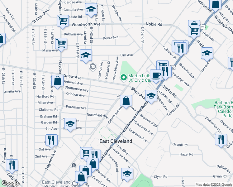 map of restaurants, bars, coffee shops, grocery stores, and more near 14717 Strathmore Avenue in East Cleveland