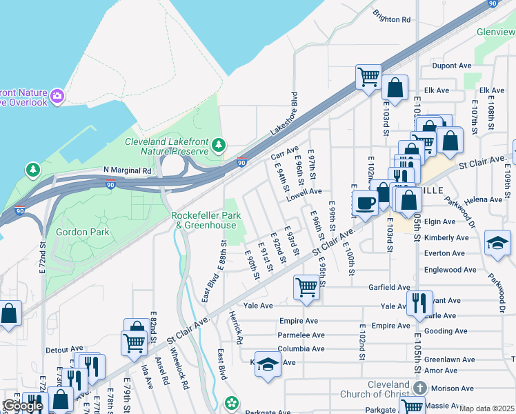 map of restaurants, bars, coffee shops, grocery stores, and more near 676 East 92nd Street in Cleveland