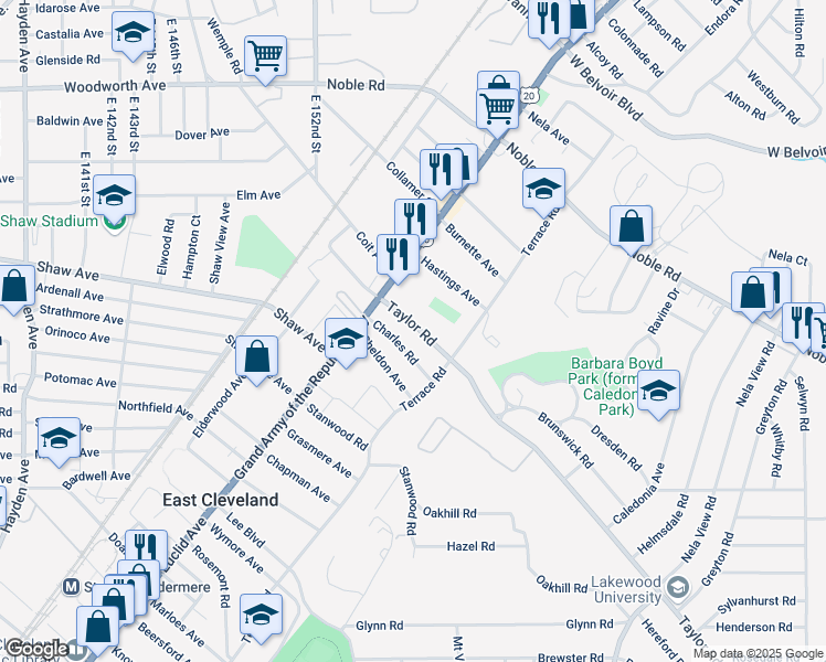 map of restaurants, bars, coffee shops, grocery stores, and more near 1846 North Taylor Road in Cleveland