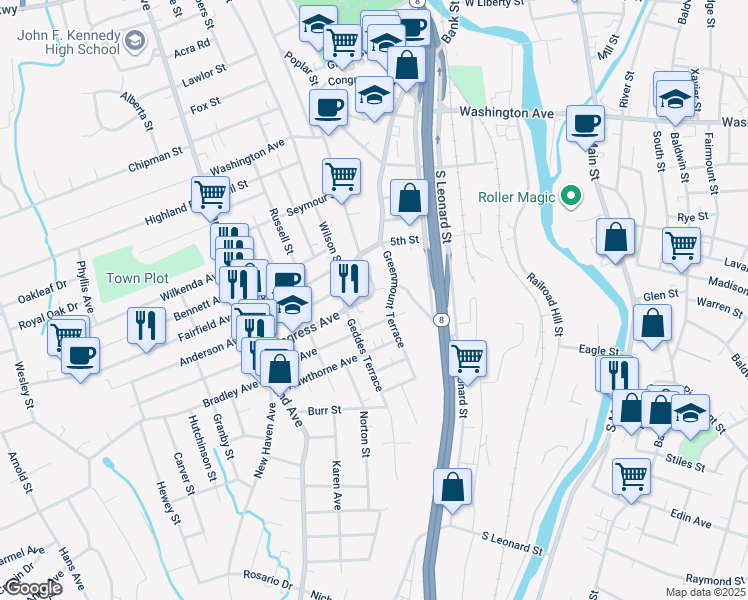 map of restaurants, bars, coffee shops, grocery stores, and more near 503 Congress Avenue in Waterbury