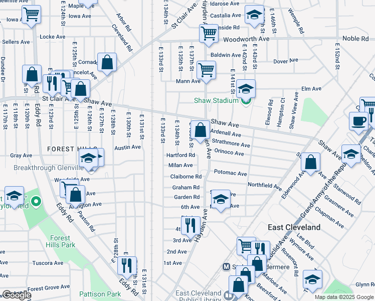 map of restaurants, bars, coffee shops, grocery stores, and more near 1476 E 135th St in East Cleveland