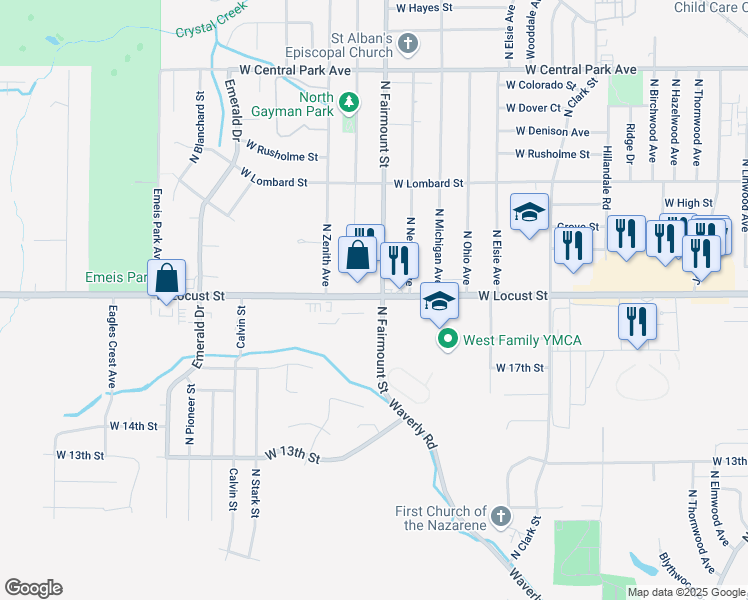 map of restaurants, bars, coffee shops, grocery stores, and more near 3705 W Locust St in Davenport