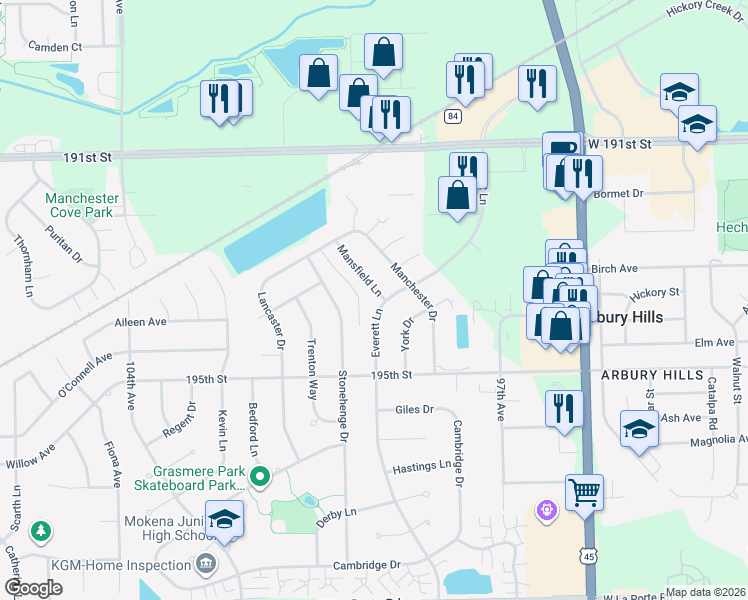 map of restaurants, bars, coffee shops, grocery stores, and more near 19340 Everett Lane in Mokena