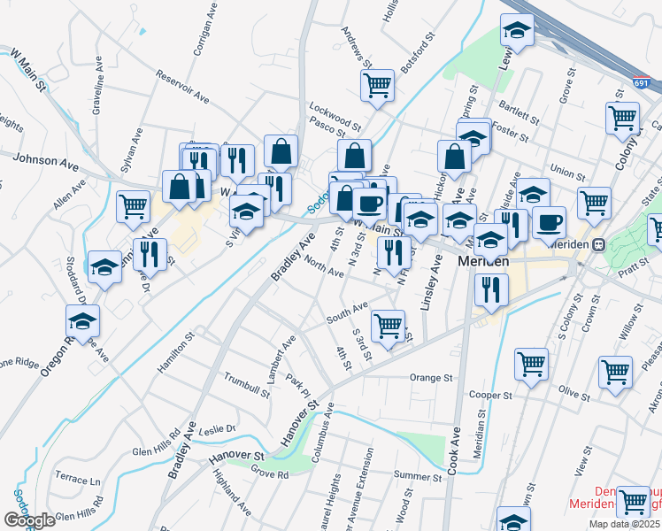 map of restaurants, bars, coffee shops, grocery stores, and more near 60 4th Street in Meriden