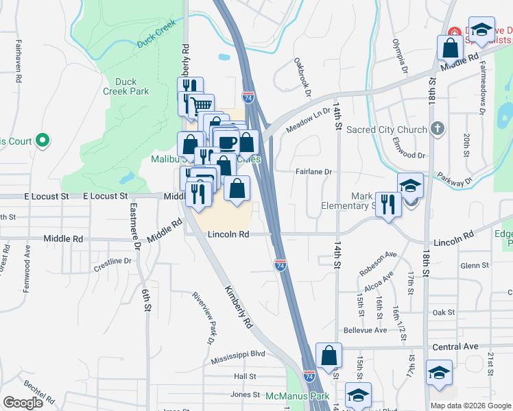 map of restaurants, bars, coffee shops, grocery stores, and more near 1018 Lincoln Road in Bettendorf