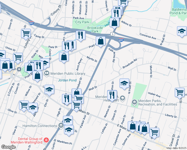 map of restaurants, bars, coffee shops, grocery stores, and more near 691 U.S. 5 in Meriden