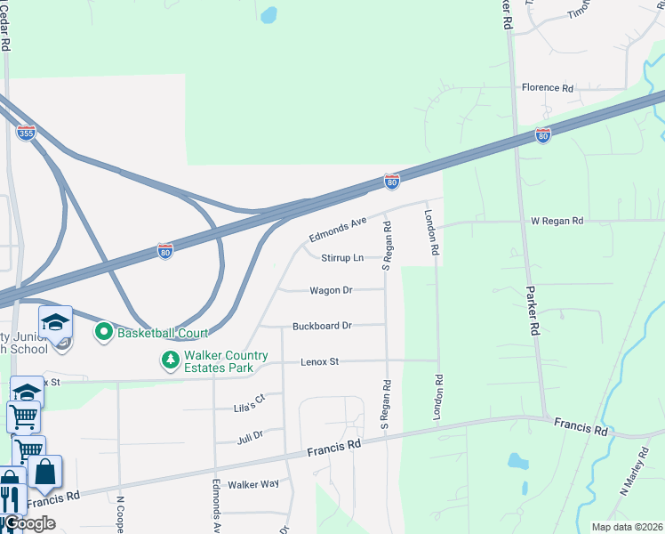 map of restaurants, bars, coffee shops, grocery stores, and more near 764 Stirrup Lane in New Lenox