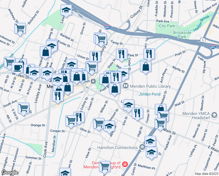 map of restaurants, bars, coffee shops, grocery stores, and more near 35 Pratt Street in Meriden