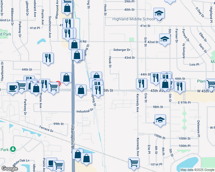 map of restaurants, bars, coffee shops, grocery stores, and more near 2609 45th Street in Highland