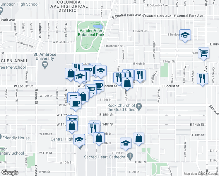 map of restaurants, bars, coffee shops, grocery stores, and more near 207 East Locust Street in Davenport