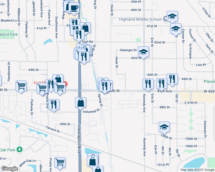 map of restaurants, bars, coffee shops, grocery stores, and more near 2609 45th Street in Highland