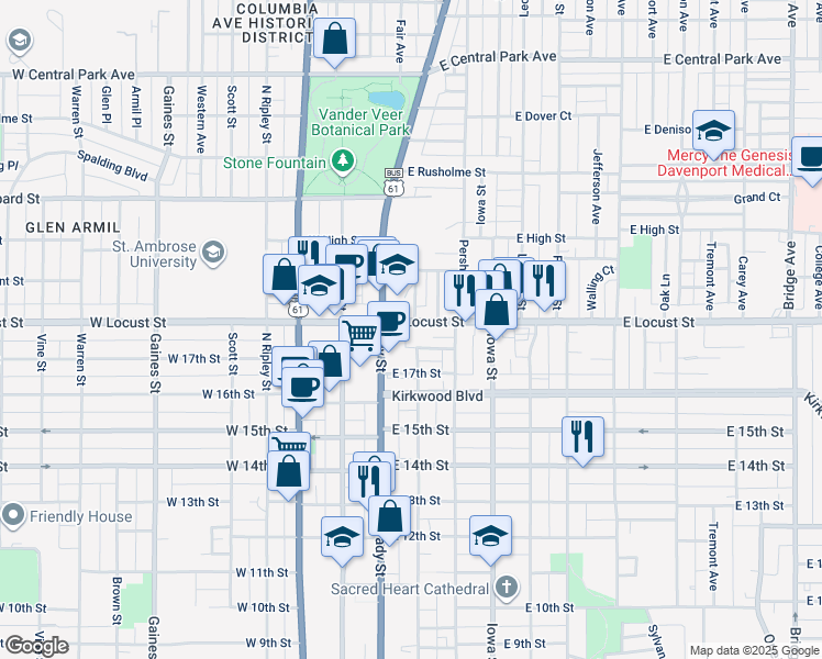 map of restaurants, bars, coffee shops, grocery stores, and more near 125 East Locust Street in Davenport