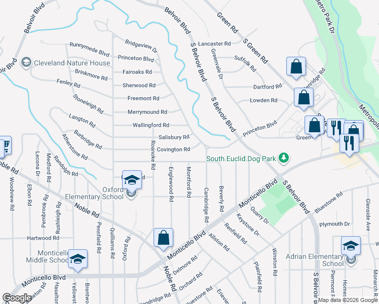 map of restaurants, bars, coffee shops, grocery stores, and more near 3900 Covington Road in South Euclid