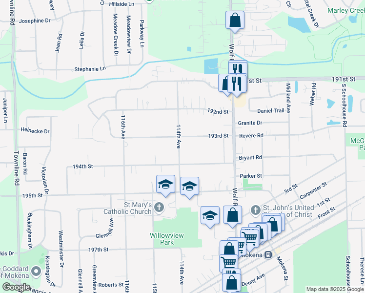 map of restaurants, bars, coffee shops, grocery stores, and more near 19325 114th Avenue in Mokena