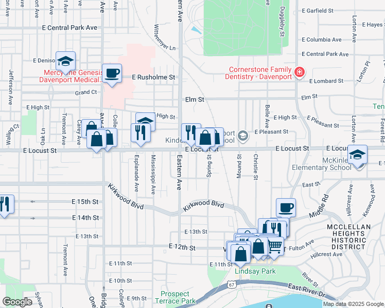 map of restaurants, bars, coffee shops, grocery stores, and more near 1721 East Locust Street in Davenport