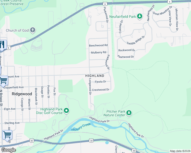 map of restaurants, bars, coffee shops, grocery stores, and more near 2204 Belmont Avenue in Joliet