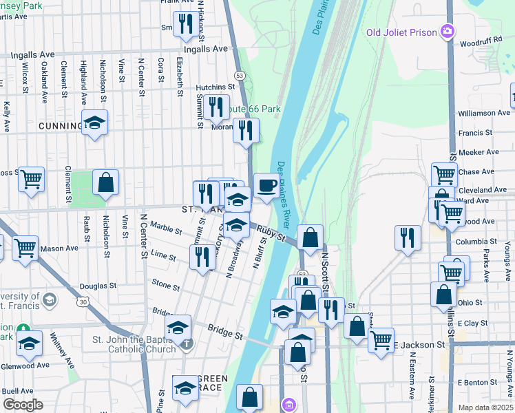 map of restaurants, bars, coffee shops, grocery stores, and more near 766 North Broadway Street in Joliet