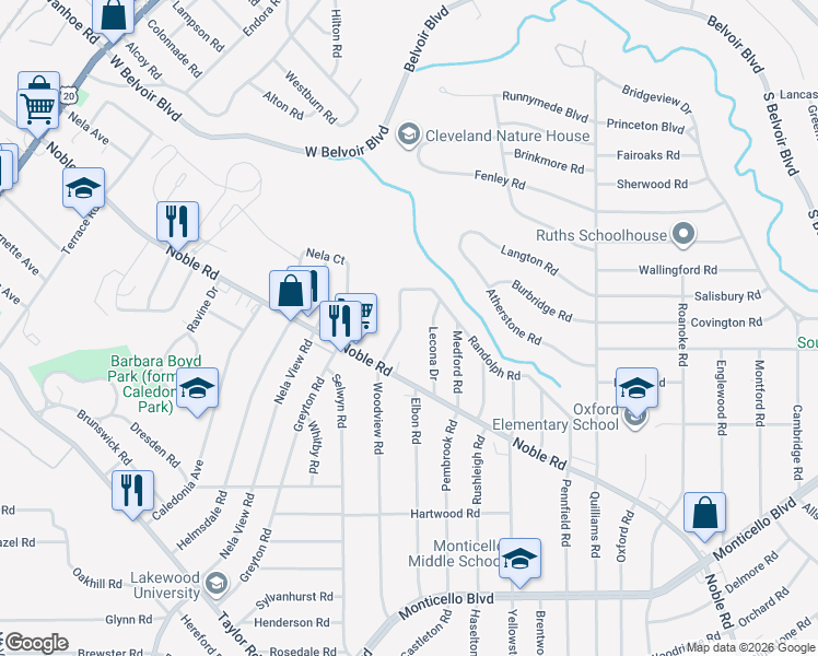 map of restaurants, bars, coffee shops, grocery stores, and more near 809 Woodview Road in Cleveland Heights