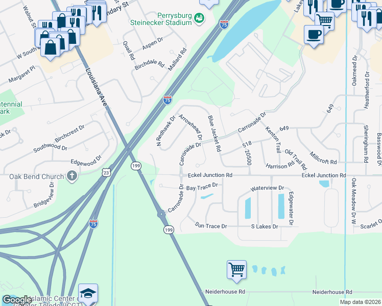 map of restaurants, bars, coffee shops, grocery stores, and more near 26432 Carronade Dr in Perrysburg