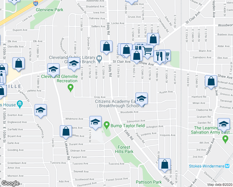 map of restaurants, bars, coffee shops, grocery stores, and more near 702 East 123rd Street in Cleveland